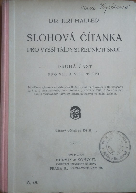 Slohová čítanka pro vyšší třídy středních škol. druhá část, Pro VII. a VIII. třídu