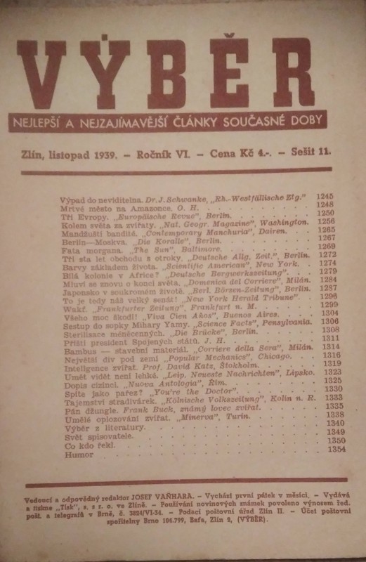Výběr. Nejlepší a nejzajímavější články současné doby. Listopad 1939
