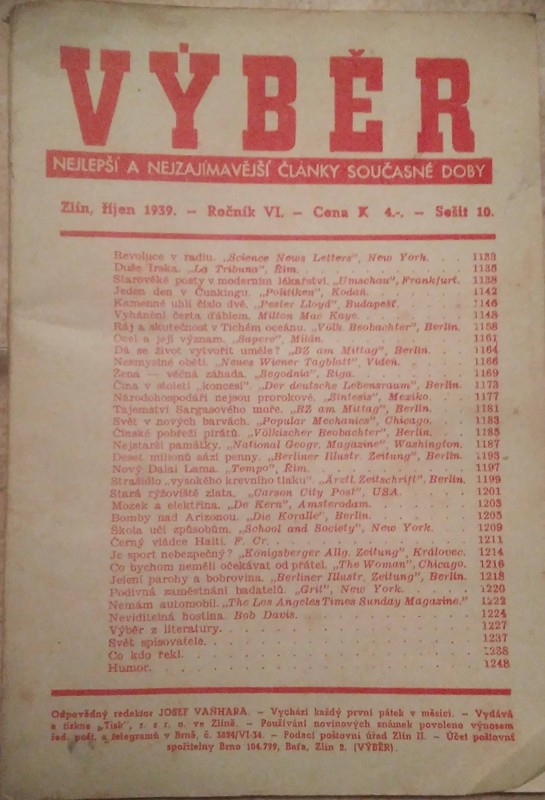 Výběr. Nejlepší a nejzajímavější články současné doby. Říjen 1939