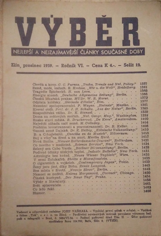 Výběr. Nejlepší a nejzajímavější články současné doby. Prosinec 1939