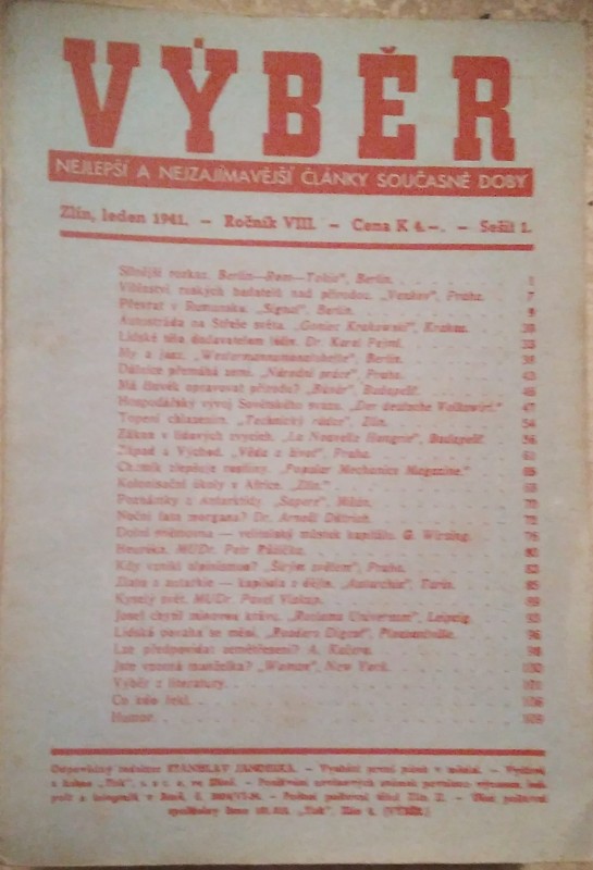 Výběr. Nejlepší a nejzajímavější články současné doby. 1941 celý ročník, chybí říjen