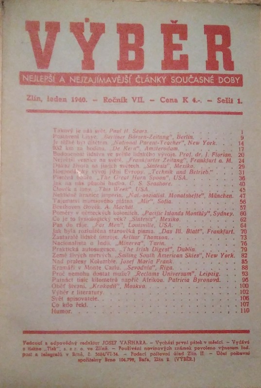 Výběr. Nejlepší a nejzajímavější články současné doby. 1940 celý ročník, chybí únor, březen