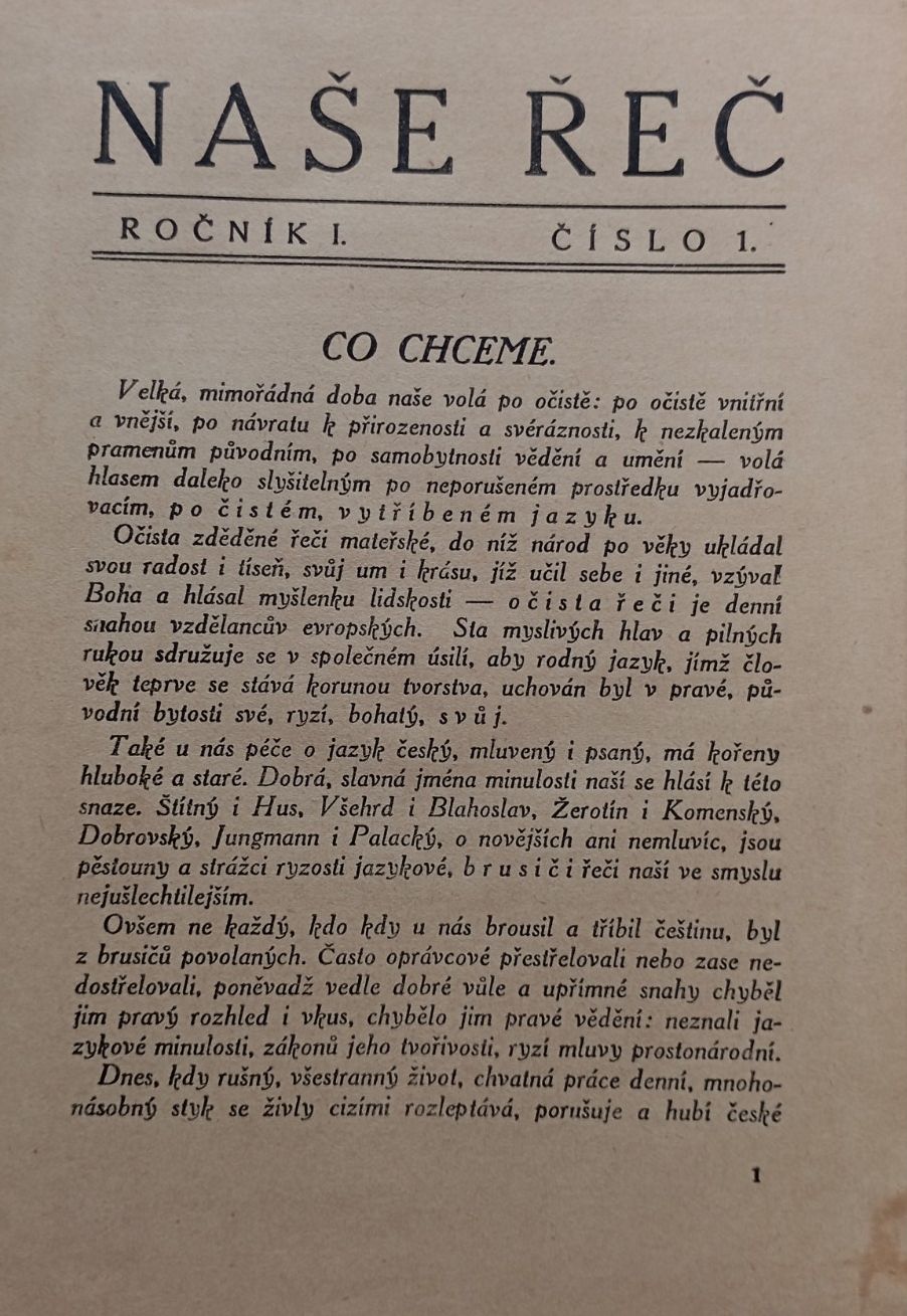 Naše řeč , ročník I.